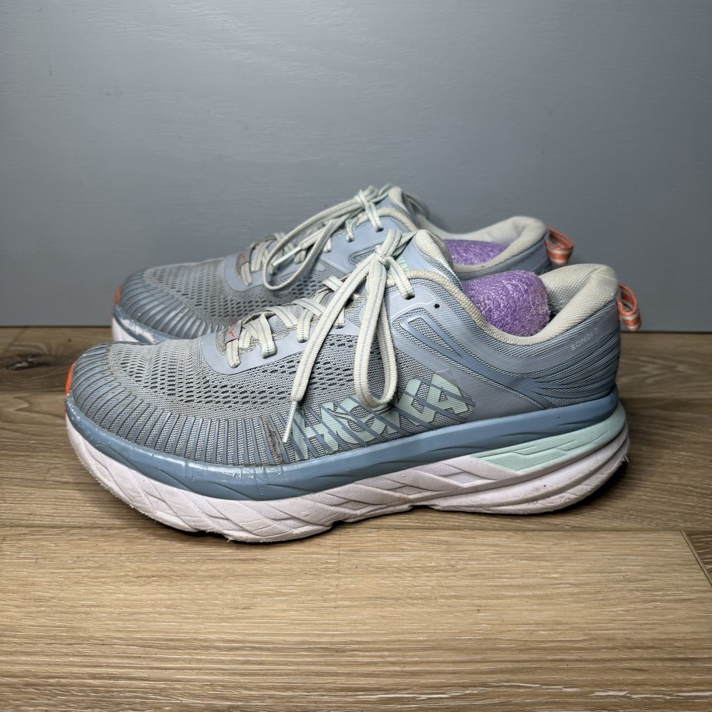 Hoka One One Bondi 7 Running Shoes Sneakers Cushion Light Blue Womens Size 9.5
